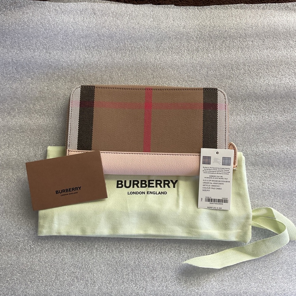 Burberry Tan and Pink Check Wallet